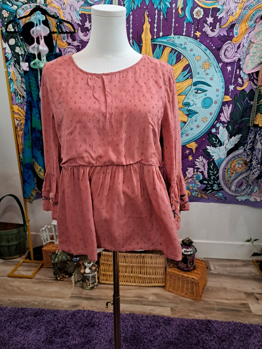 Copper Bloom Terracotta Embroidered Bell Sleeve Swiss Dot Boho Tunic Blue Rain M